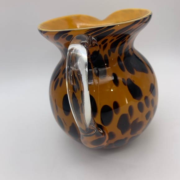 Gold & Spotted Black Hand Blown Glass Pitcher With Crystal Handle 7” - Picture 4 of 16